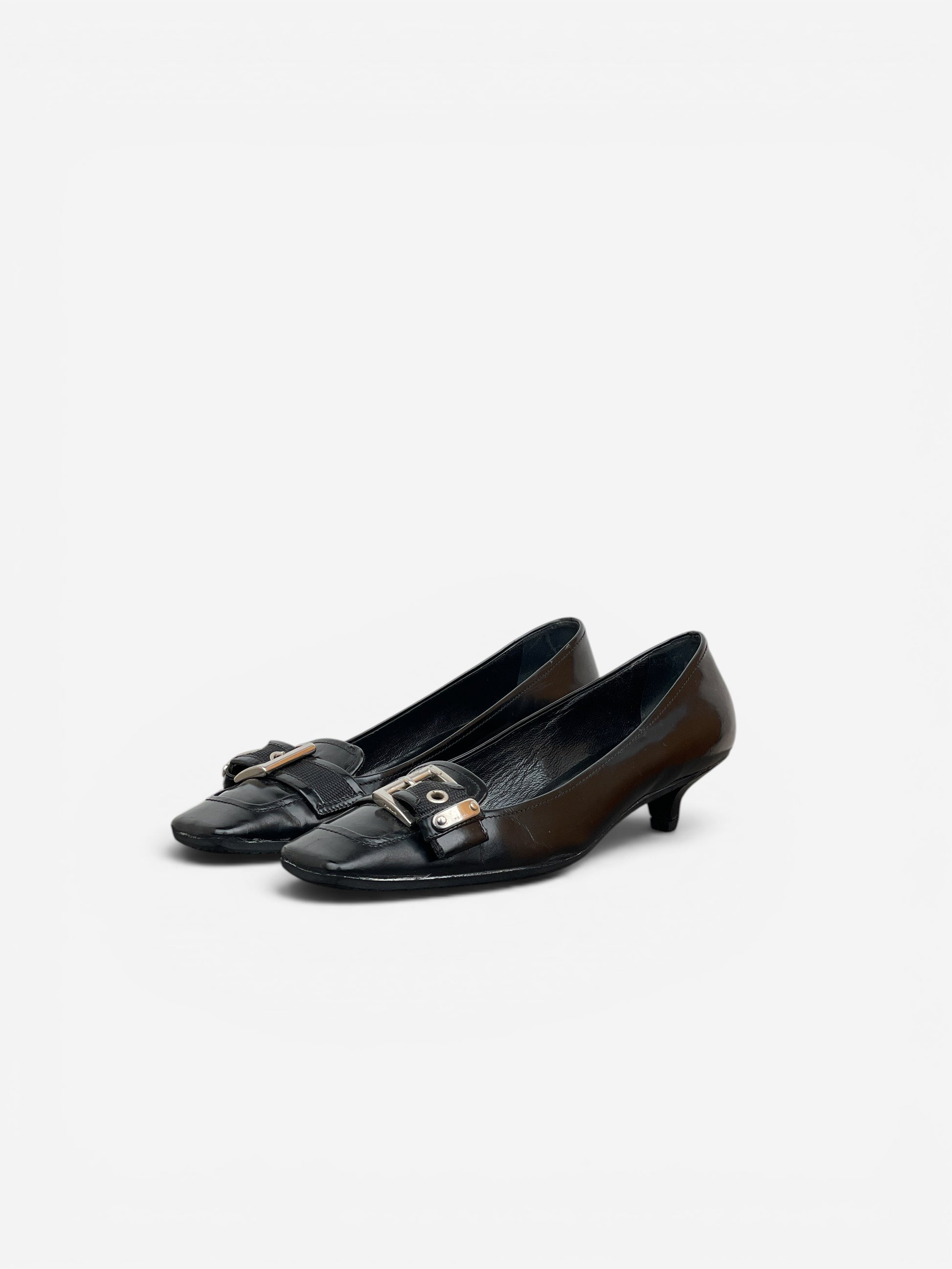 Prada 2000s Square Toe Buckle-Strap Pump Kitten Heels