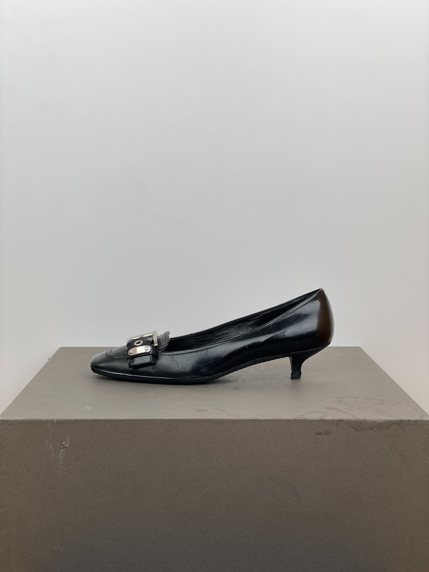 Prada 2000s Square Toe Buckle-Strap Pump Kitten Heels