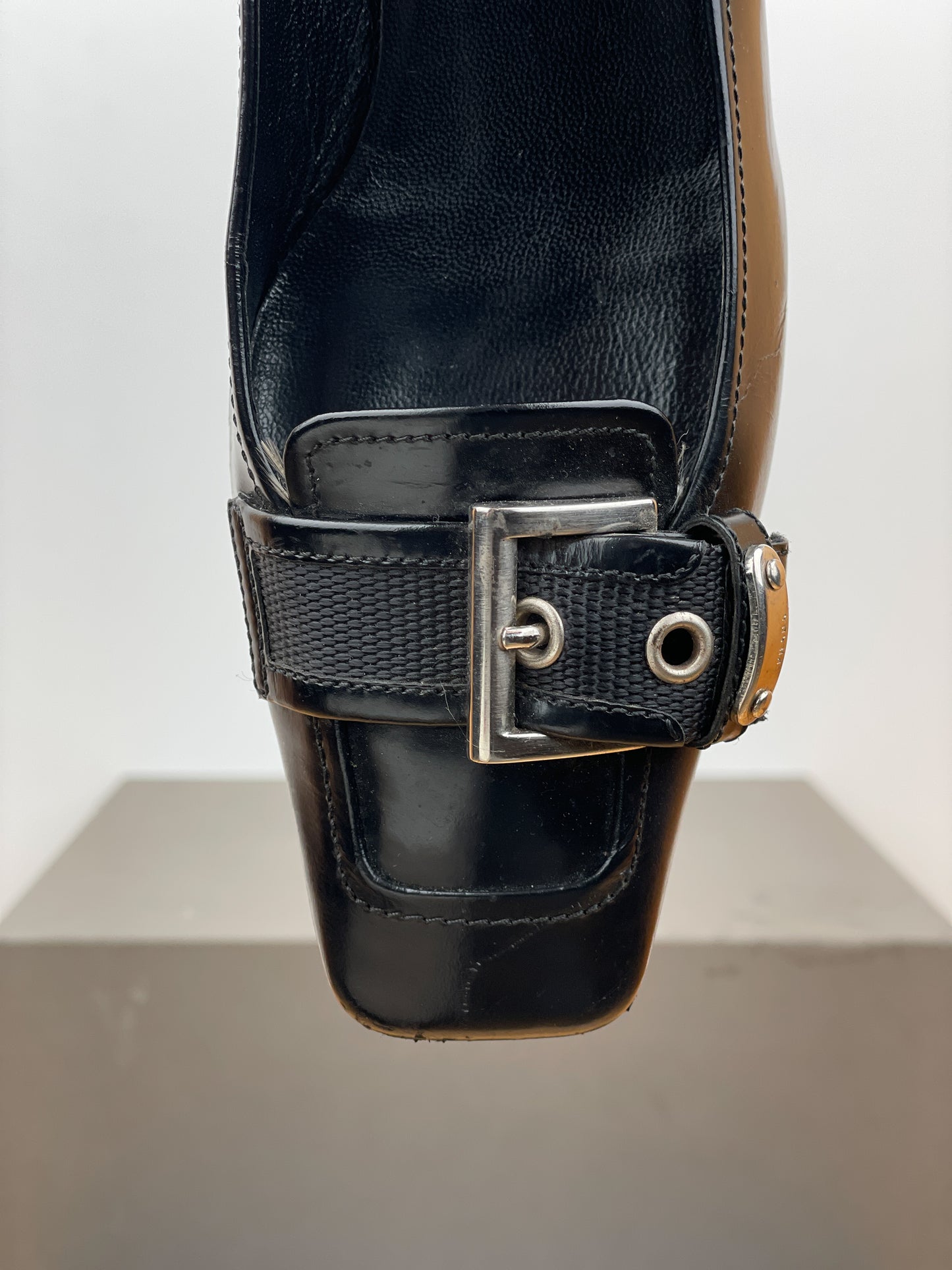 Prada 2000s Square Toe Buckle-Strap Pump Kitten Heels