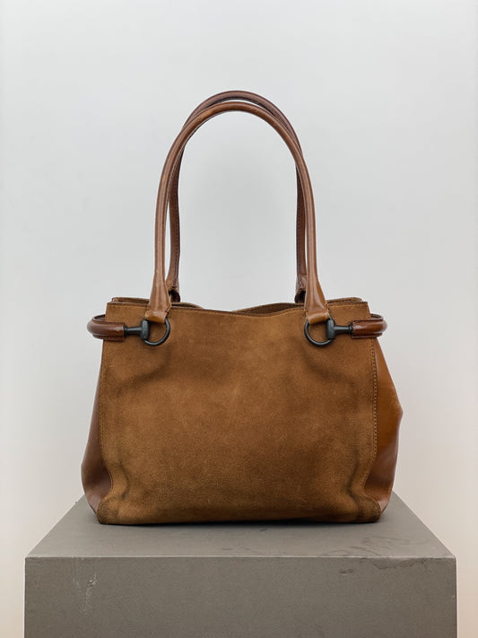 Gucci by Tom Ford 1990s Horsebit Suede Shopper Handbag (brown)