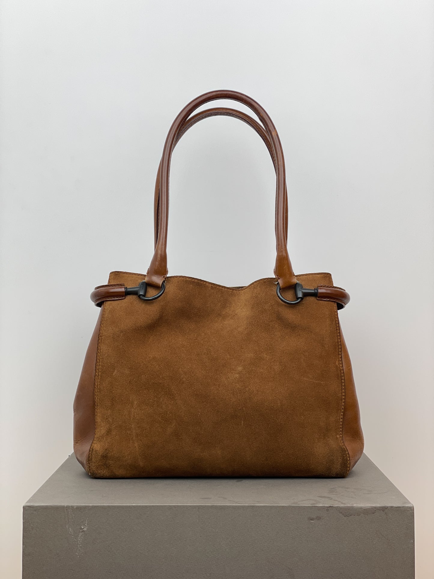 Gucci by Tom Ford 1990s Horsebit Suede Shopper Handbag (brown)
