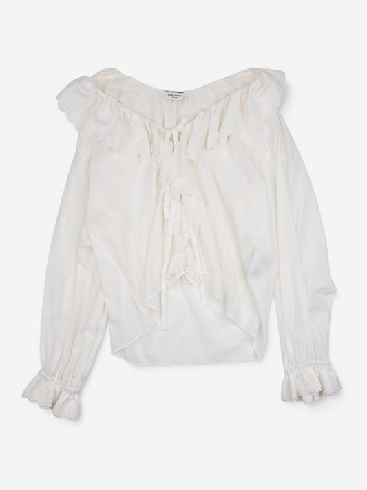 Saint Laurent by Anthony Vaccarello SS20 Longsleeve Lace Ruffle Top – front view