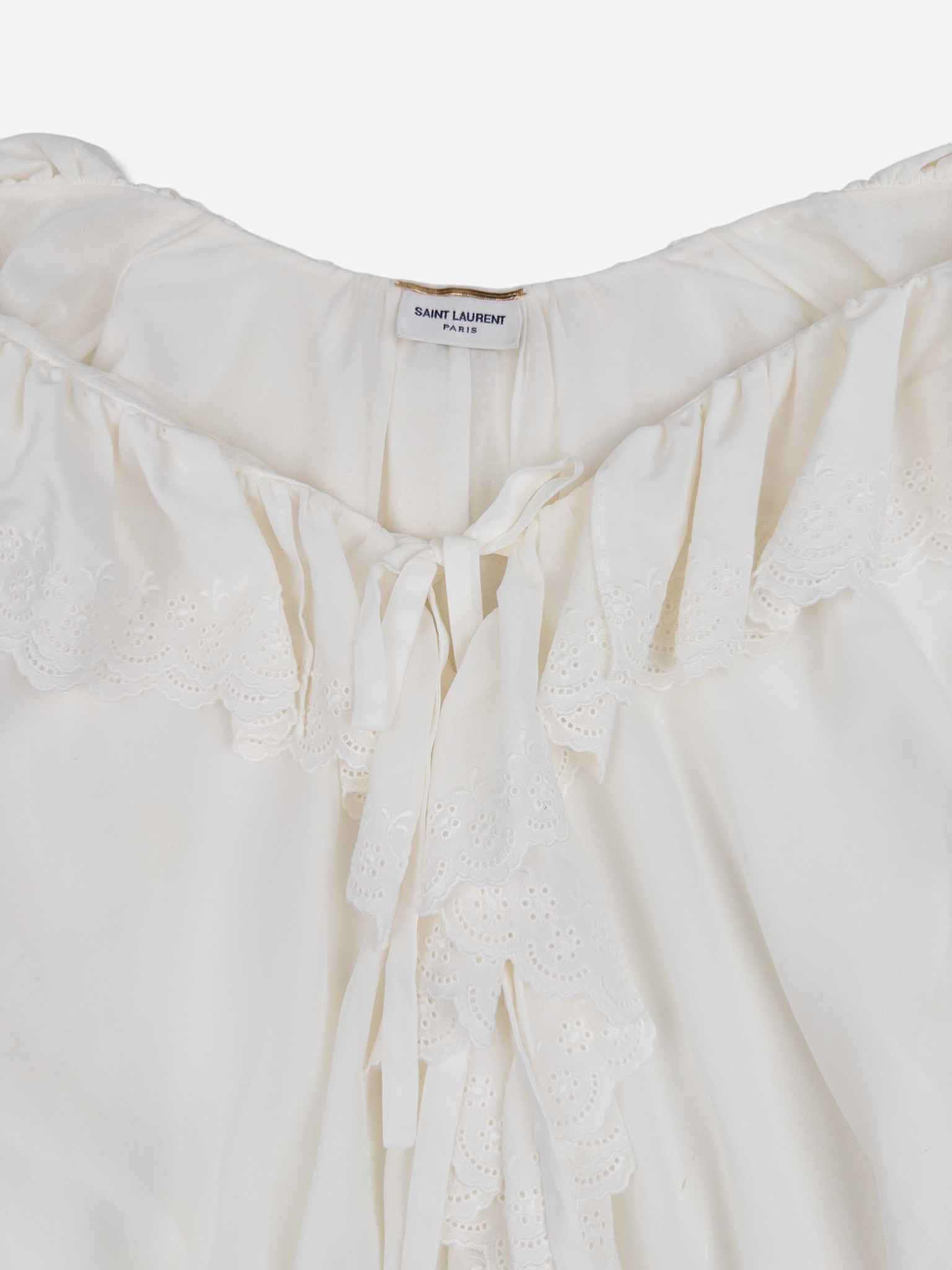 Saint Laurent by Anthony Vaccarello SS20 Longsleeve Lace Ruffle Top – neckline detail