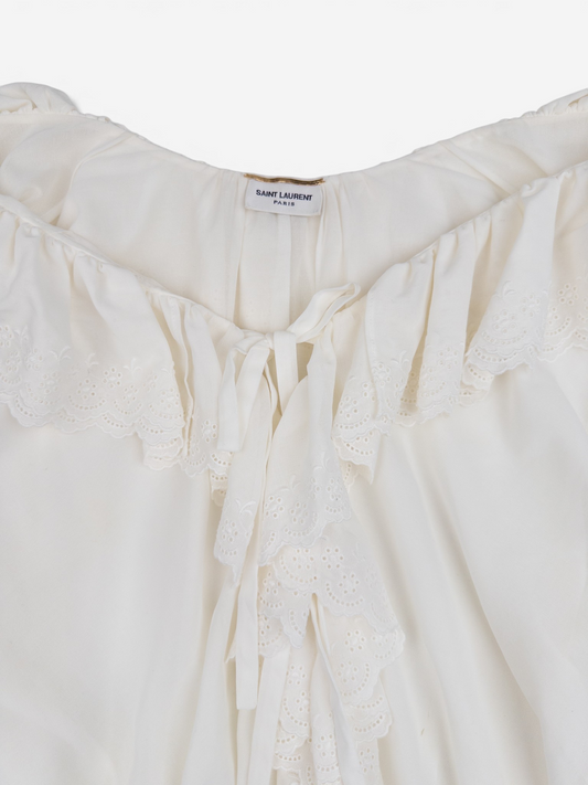 Saint Laurent by Anthony Vaccarello SS20 Longsleeve Lace Ruffle Top – neckline detail