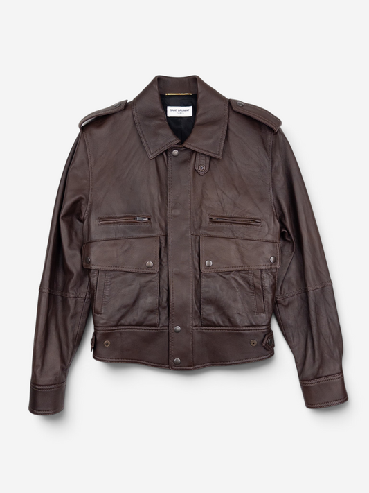Saint Laurent by Anthony Vaccarello AW22 Military Leather Bomber Flight Jacket – front view