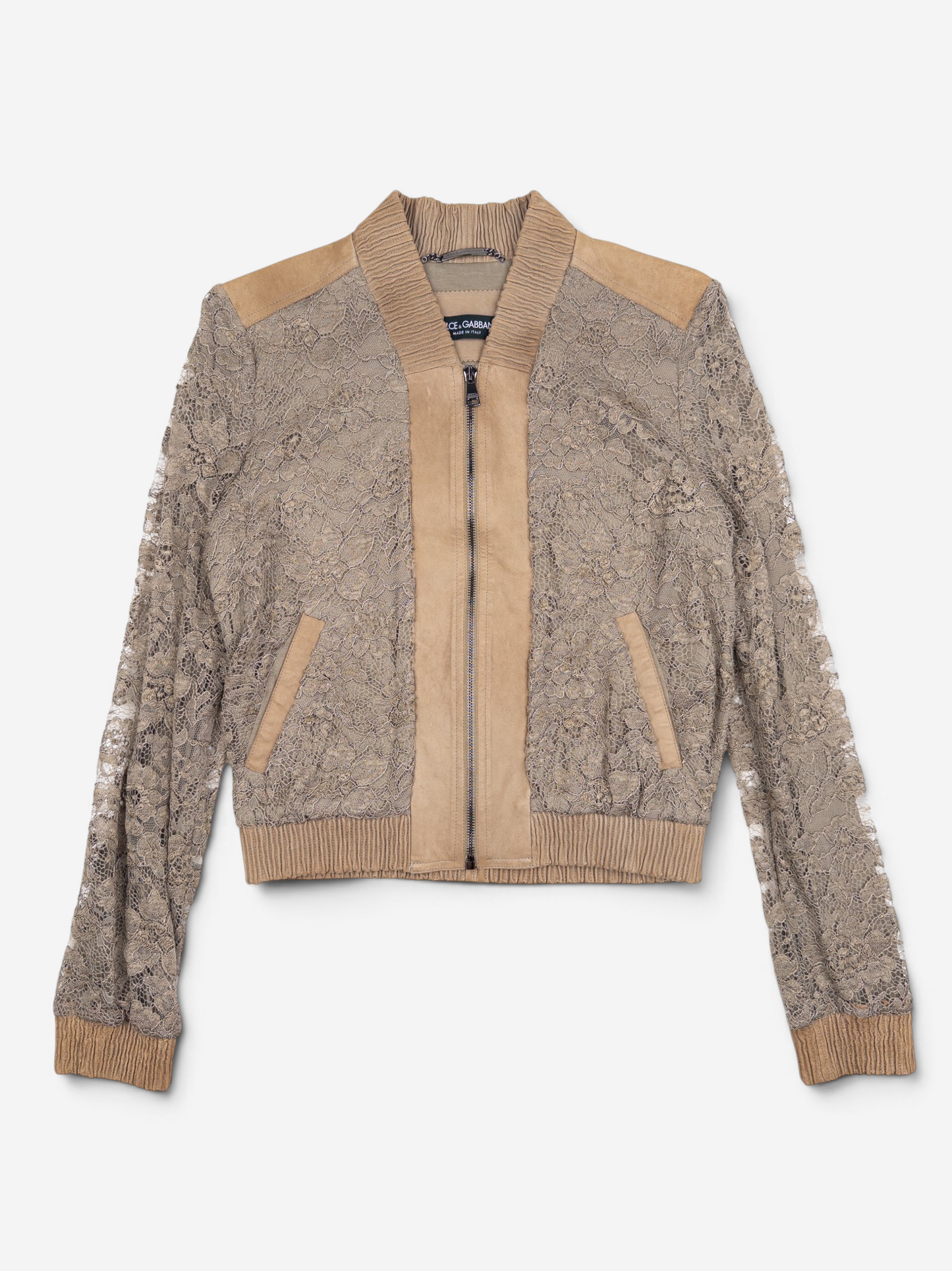 Dolce & Gabbana 2000s Leather Trimmed Lace Bomber Jacket – front view