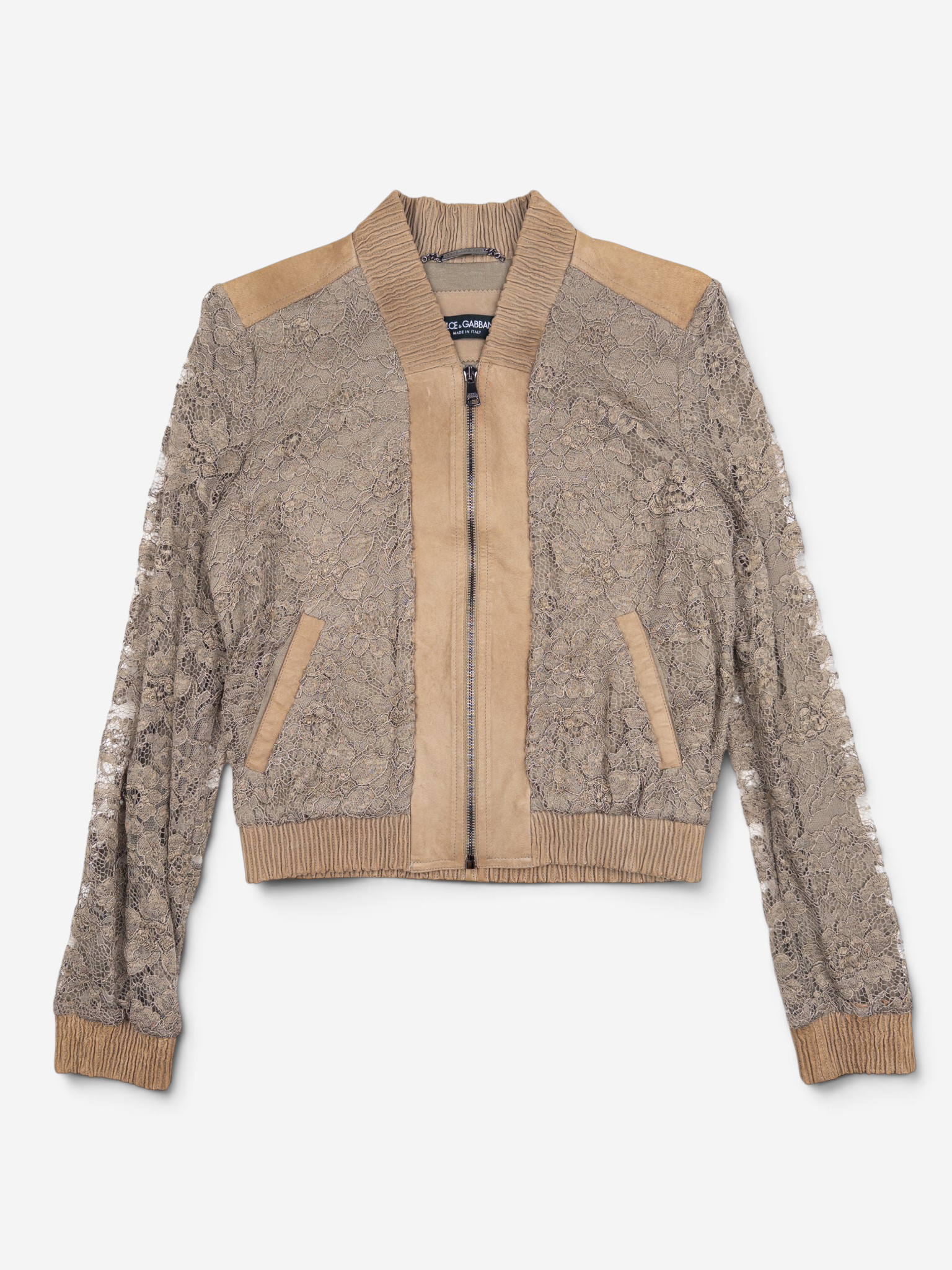 Dolce & Gabbana 2000s Leather Trimmed Lace Bomber Jacket – front view