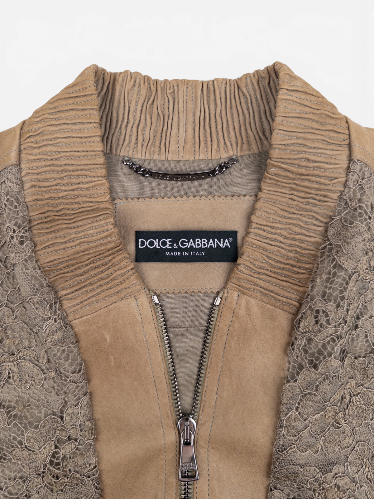 Dolce & Gabbana 2000s Leather Trimmed Lace Bomber Jacket – collar detail