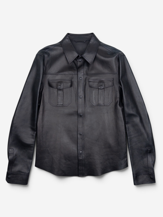 Gucci by Tom Ford 2000s Leather Military Cargo Button Up Shirt – front view