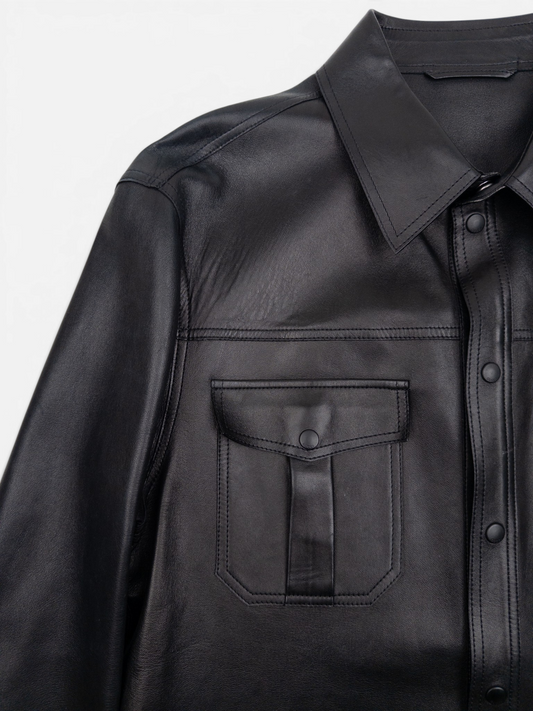 Gucci by Tom Ford 2000s Leather Military Cargo Button Up Shirt – collar detail