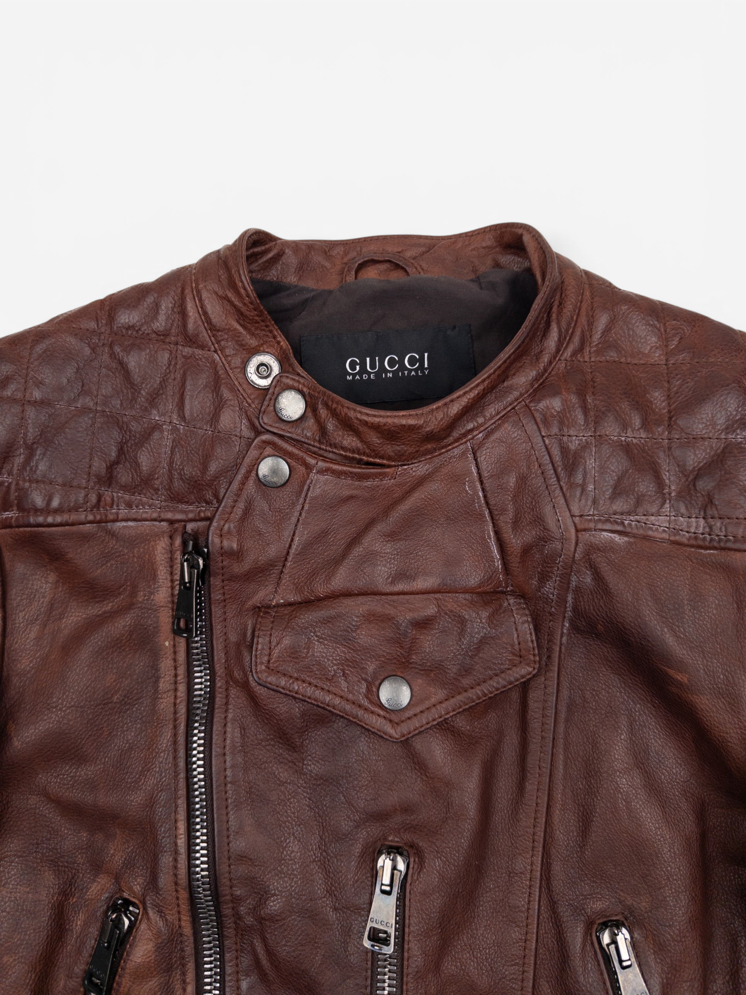 Gucci 2010s by Frida Giannini Quilted Leather Cafe Racer Biker Jacket – collar detail