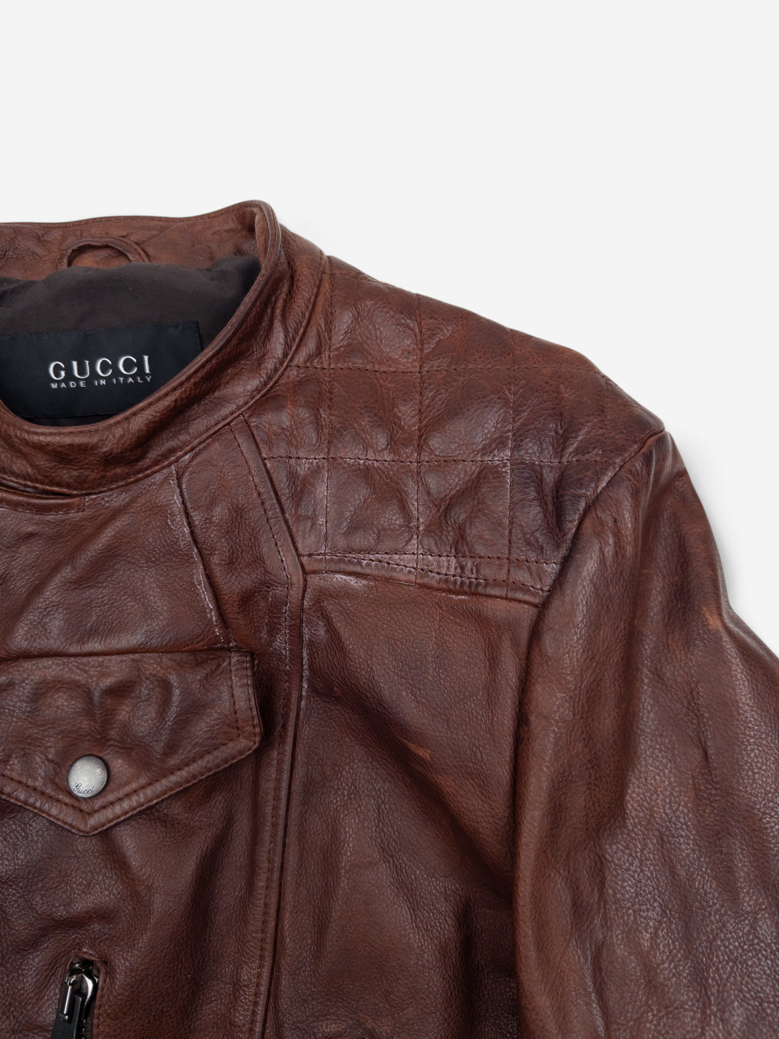 Gucci 2010s by Frida Giannini Quilted Leather Cafe Racer Biker Jacket – chest pocket detail