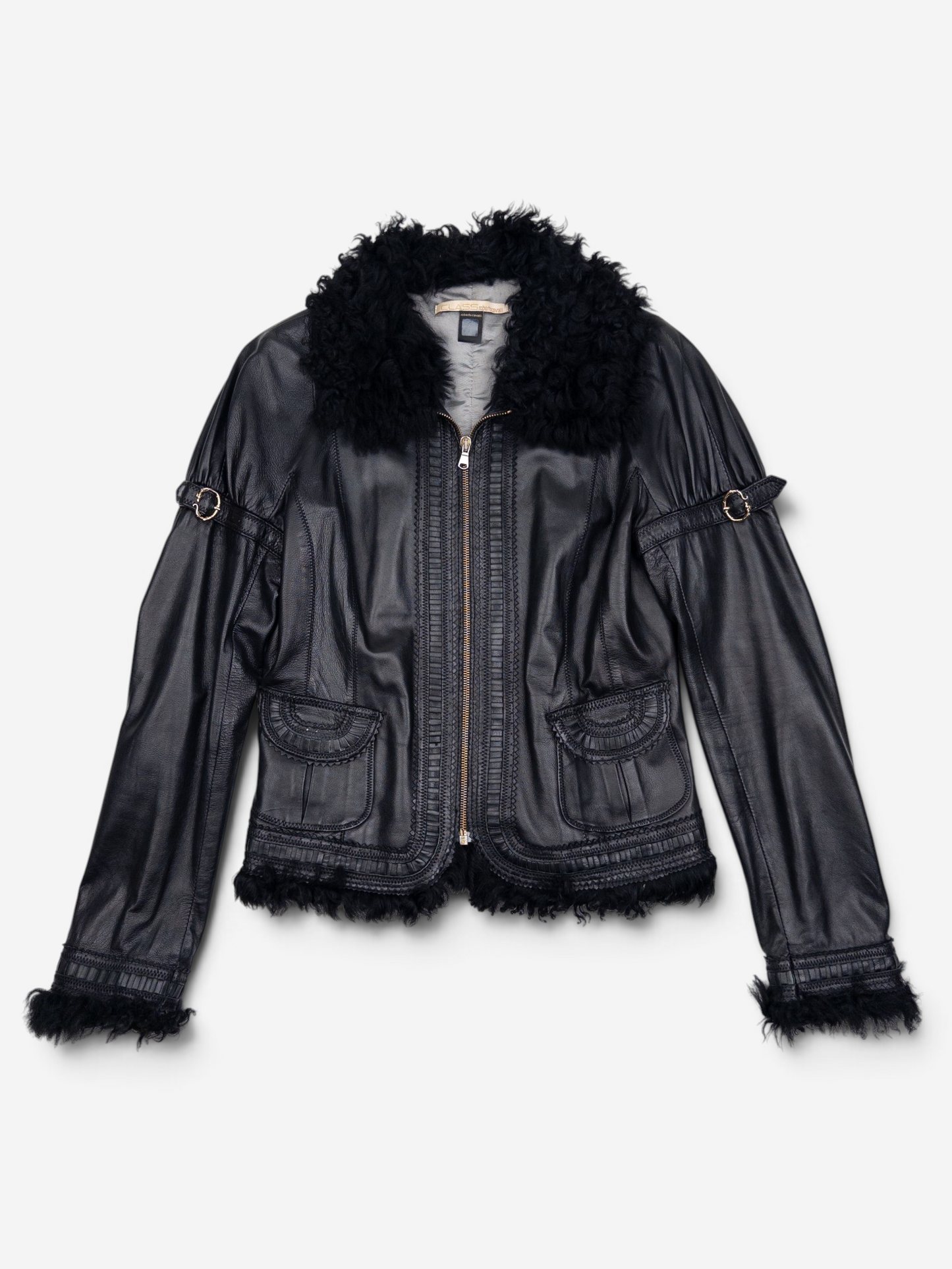 Roberto Cavalli 2000s Fur Trim Stitched Leather Jacket – front view