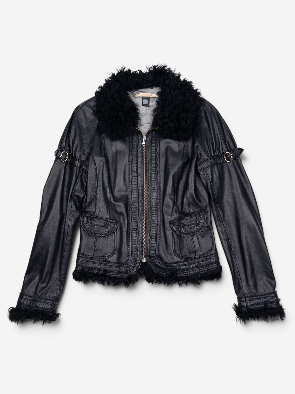 Roberto Cavalli 2000s Fur Trim Stitched Leather Jacket – front view
