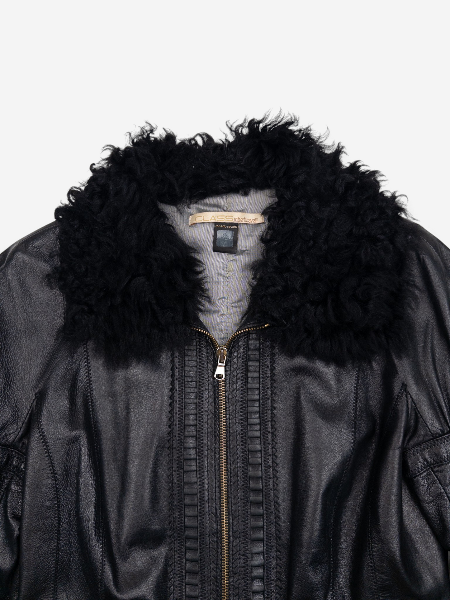 Roberto Cavalli 2000s Fur Trim Stitched Leather Jacket – fur collar detail