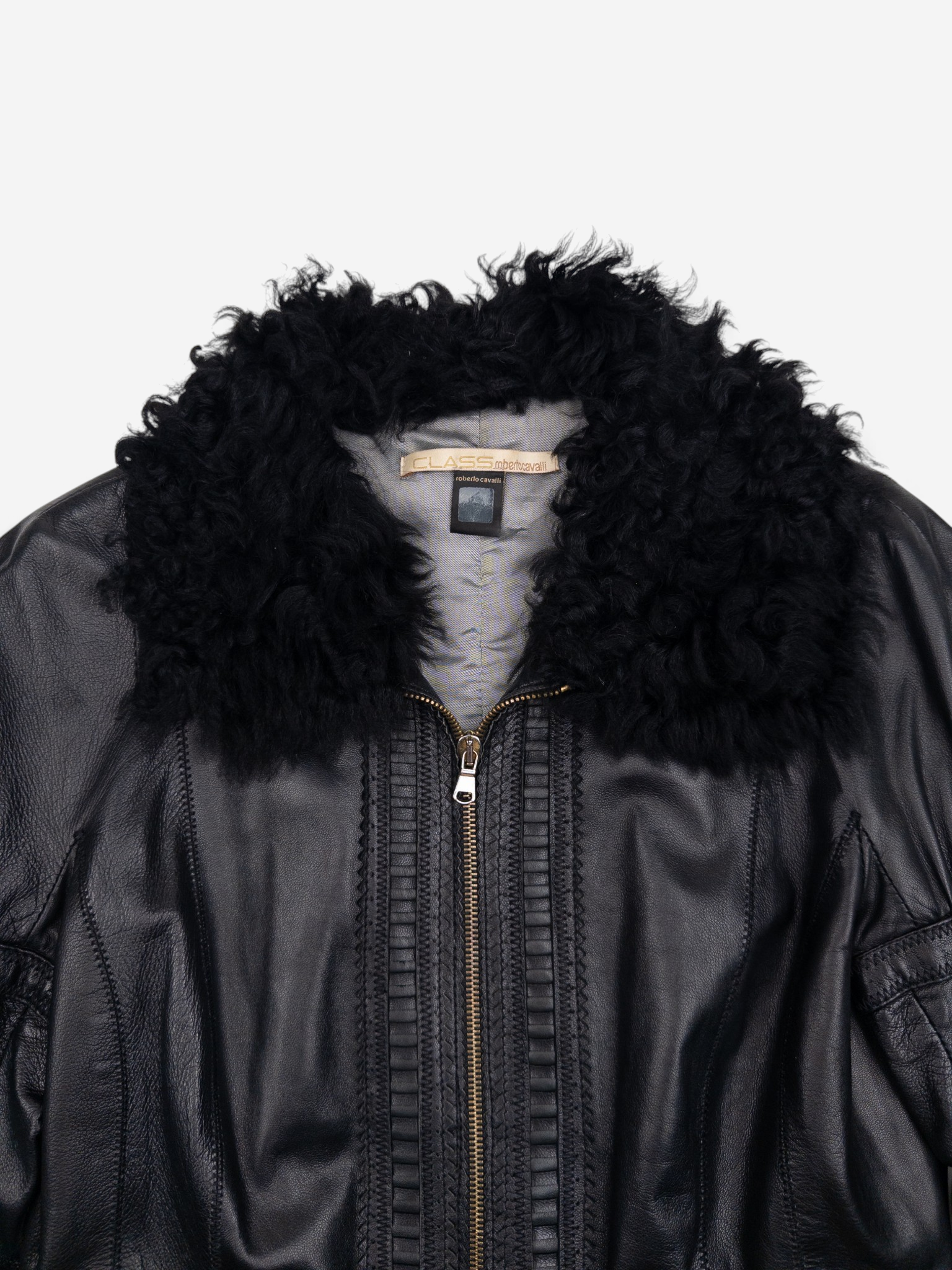 Roberto Cavalli 2000s Fur Trim Stitched Leather Jacket – fur collar detail