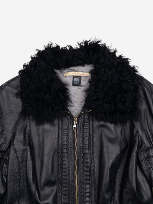 Roberto Cavalli 2000s Fur Trim Stitched Leather Jacket – fur collar detail