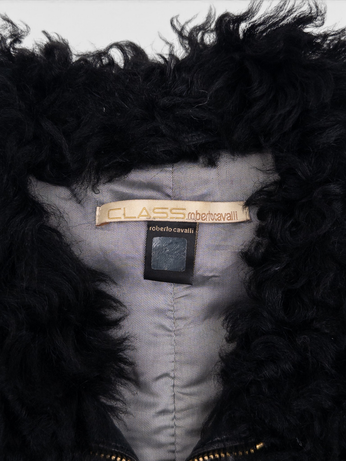 Roberto Cavalli 2000s Fur Trim Stitched Leather Jacket – brand label
