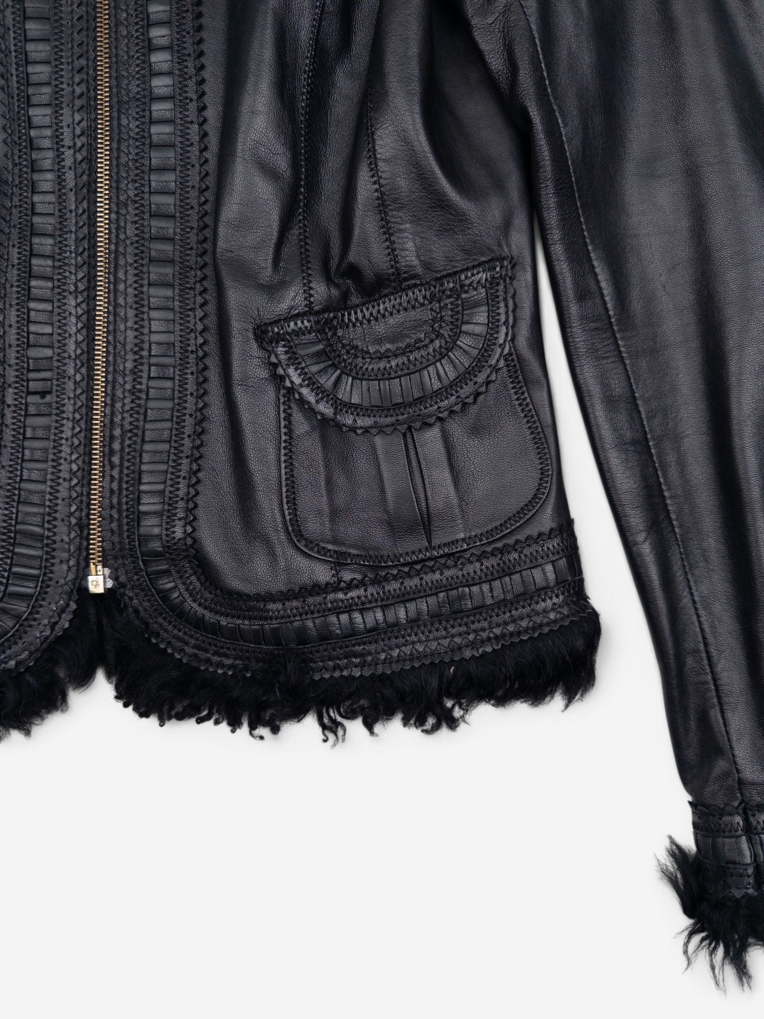 Roberto Cavalli 2000s Fur Trim Stitched Leather Jacket – hem trim detail
