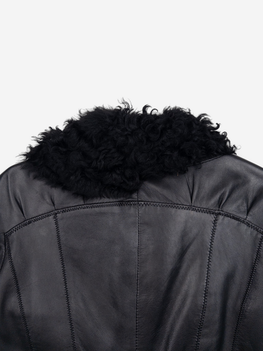 Roberto Cavalli 2000s Fur Trim Stitched Leather Jacket – back collar detail