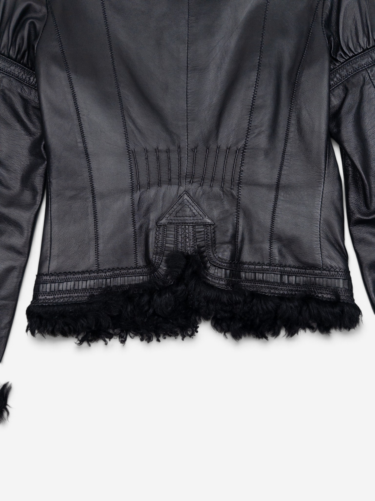 Roberto Cavalli 2000s Fur Trim Stitched Leather Jacket – back hem detail
