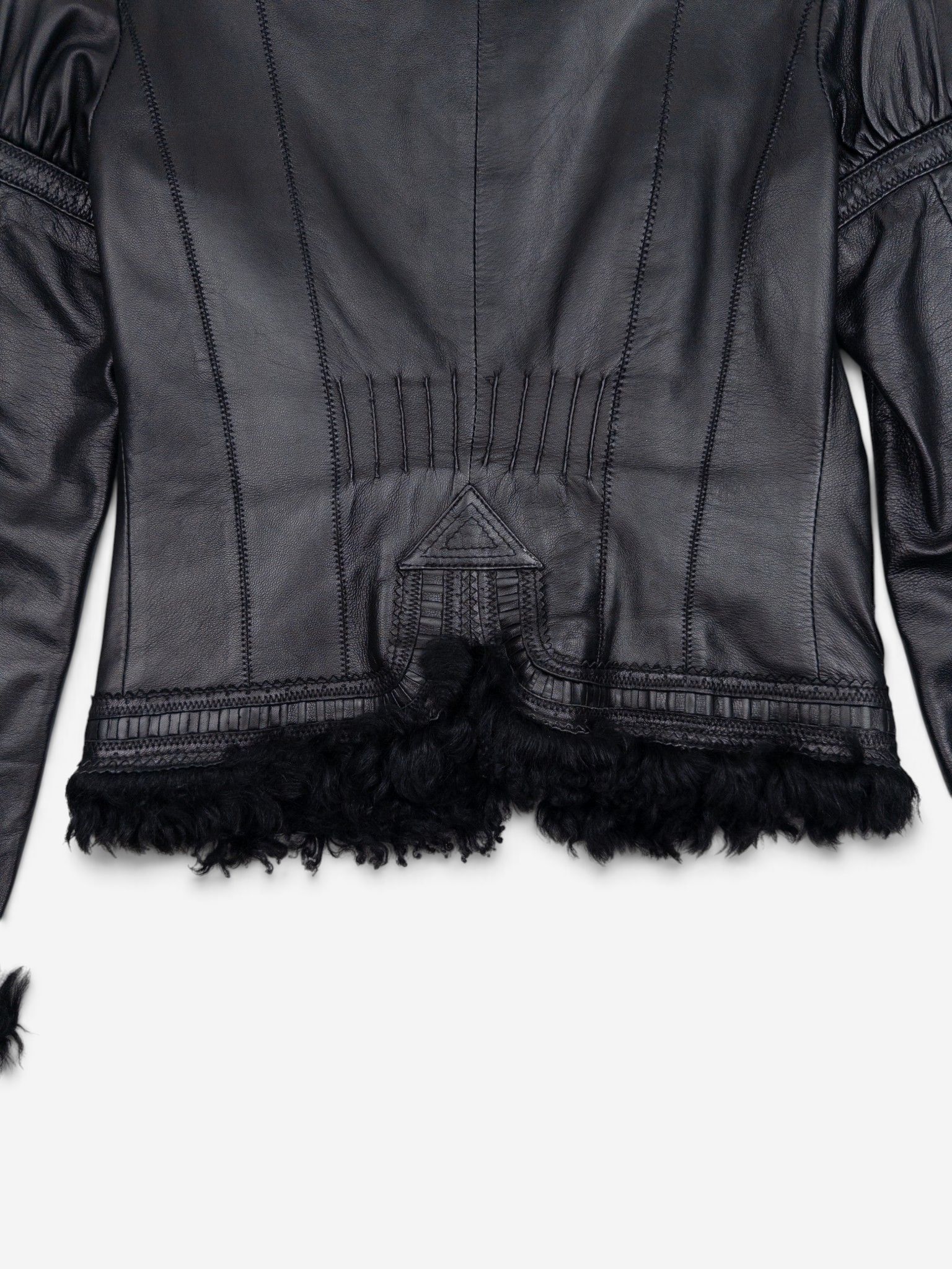 Roberto Cavalli 2000s Fur Trim Stitched Leather Jacket – back hem detail