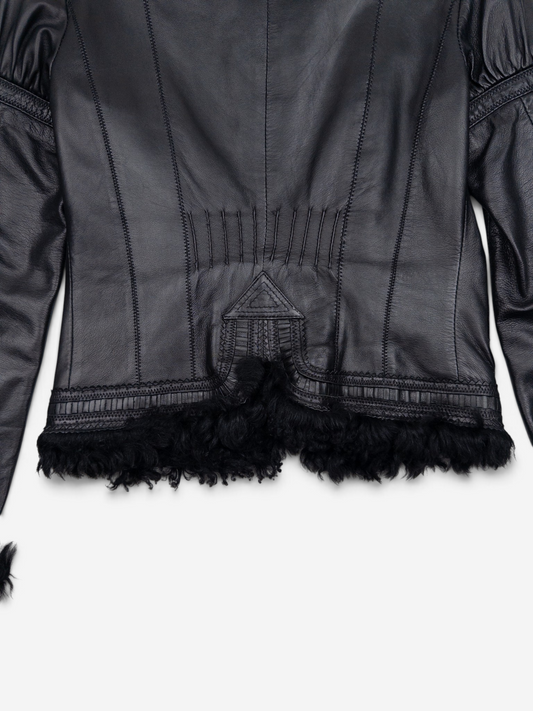 Roberto Cavalli 2000s Fur Trim Stitched Leather Jacket – back hem detail