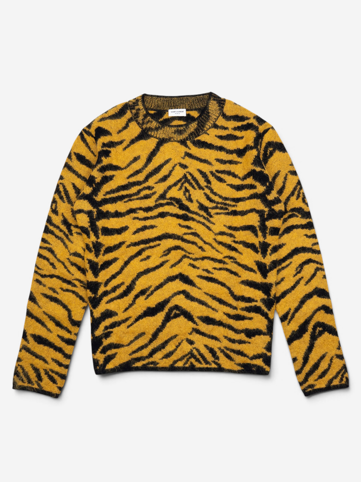 Saint Laurent AW19 Fuzzy Tiger Stripe Print Knit Sweater – front view