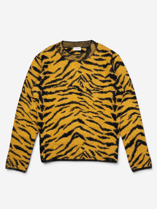 Saint Laurent AW19 Fuzzy Tiger Stripe Print Knit Sweater – front view
