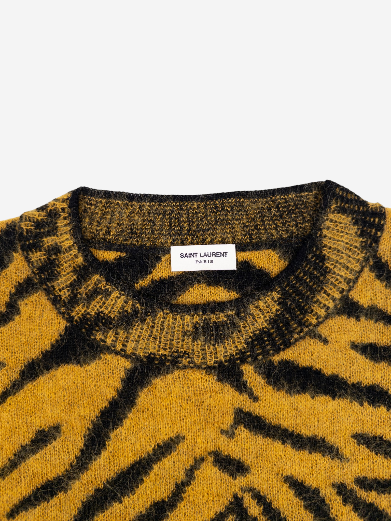 Saint Laurent AW19 Fuzzy Tiger Stripe Print Knit Sweater – neckline detail