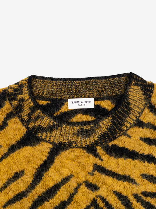 Saint Laurent AW19 Fuzzy Tiger Stripe Print Knit Sweater – neckline detail