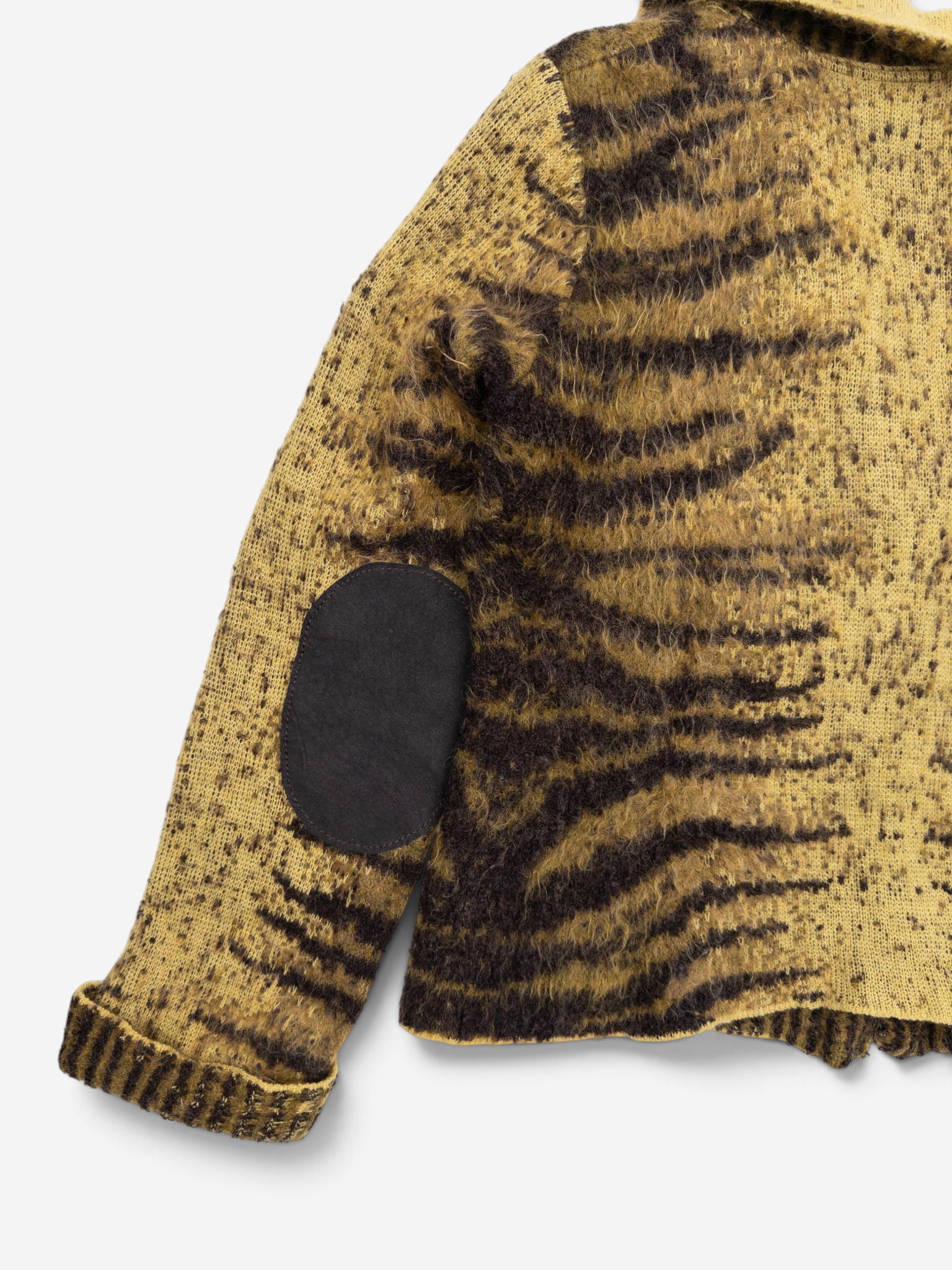 Roberto Cavalli AW02 Fuzzy Safari Tiger Print Cardigan Jacket – elbow patch detail