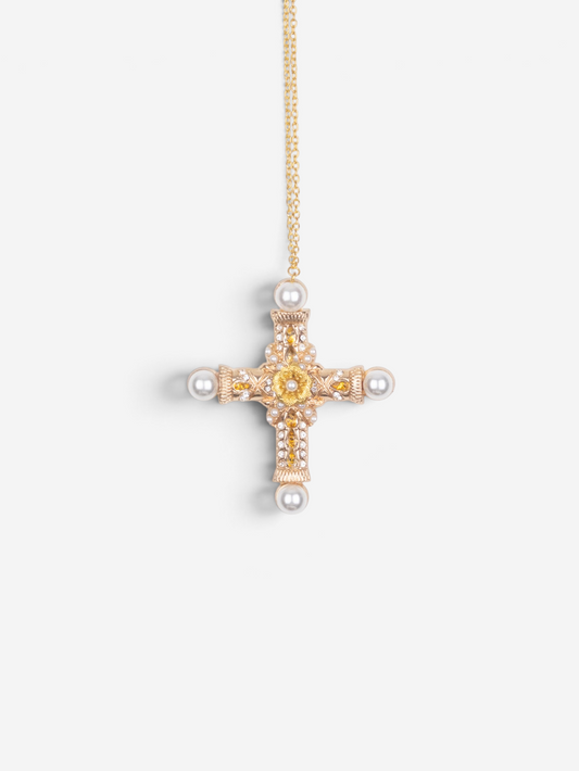 Dolce & Gabbana 2000s Gold-Colored Pearl Cross Necklace – front view