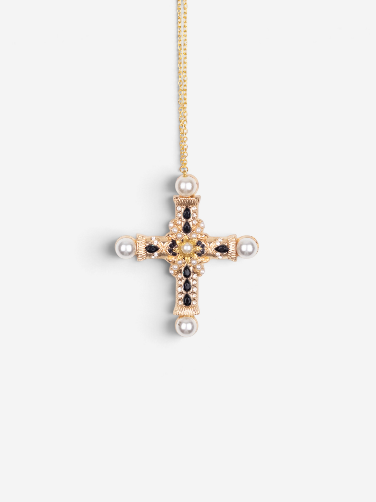 Dolce & Gabbana 2000s Gold-Colored Pearl Cross Necklace – front view