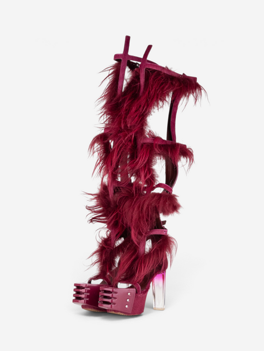 Rick Owens SS23 'EDFU' Pony Hair Spartan Wader Kiss Heel Boots – front view