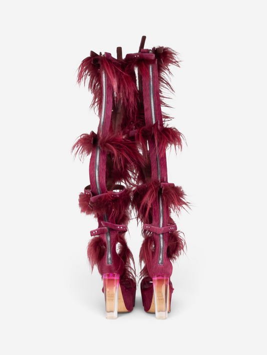 Rick Owens SS23 'EDFU' Pony Hair Spartan Wader Kiss Heel Boots – back view
