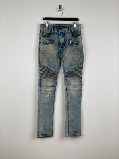 Balmain Repaired Lightwash Biker Denim Jeans