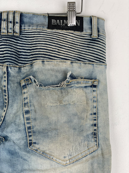 Balmain Repaired Lightwash Biker Denim Jeans