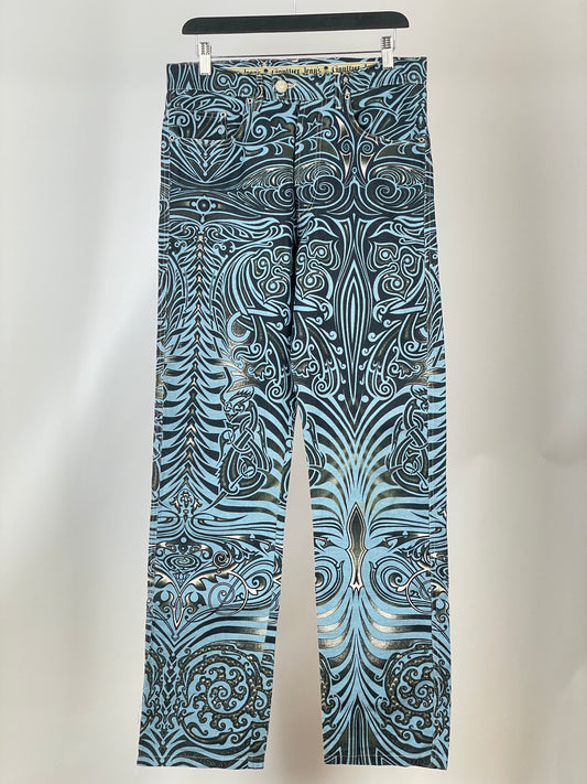 Jean Paul Gaultier SS96 CYBERBABA Maori Tribal-Tattoo Print Denim Jeans