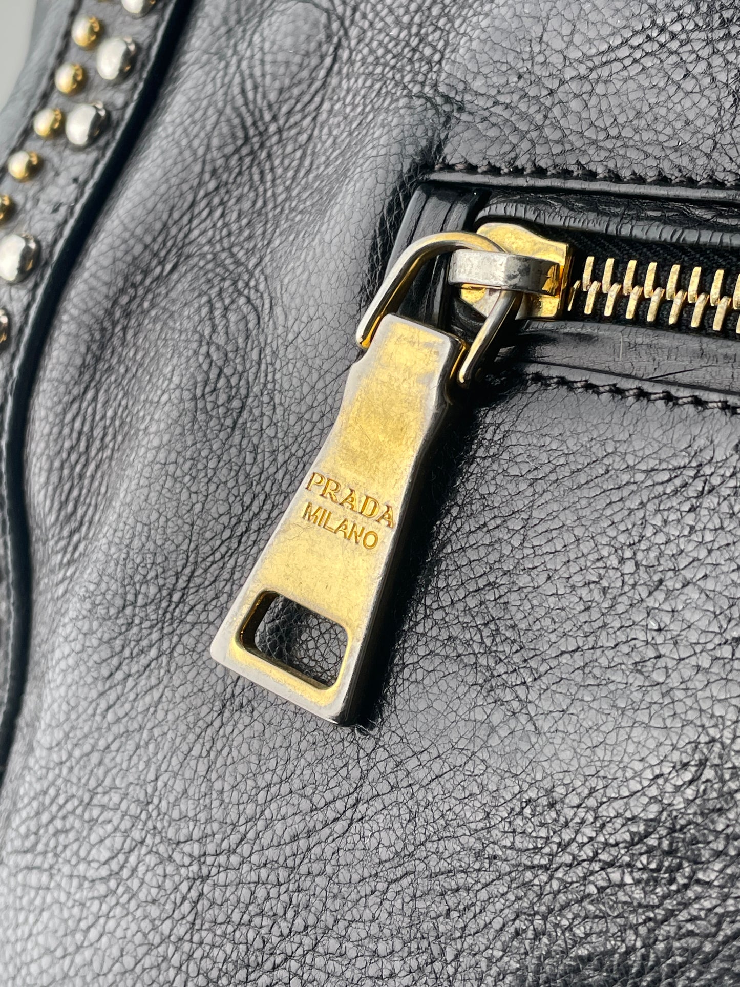 Prada 2000s Studded Leather Shopper Tote Handbag