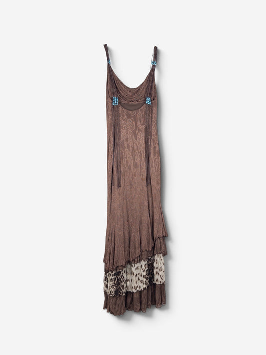 Roberto Cavalli 2000s Floral Leopard Ruffle Maxi Dress