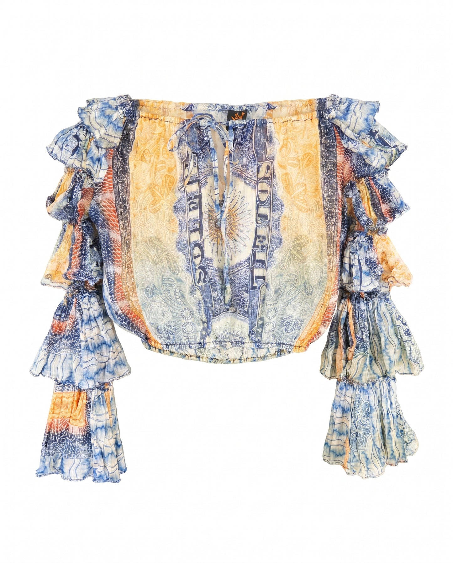 Jean Paul Gaultier SS94 Bank Note Money Print Ruffle Chiffon Longsleeve Crop Top