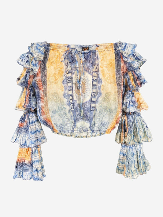 Jean Paul Gaultier SS94 Bank Note Money Print Ruffle Chiffon Longsleeve Crop Top