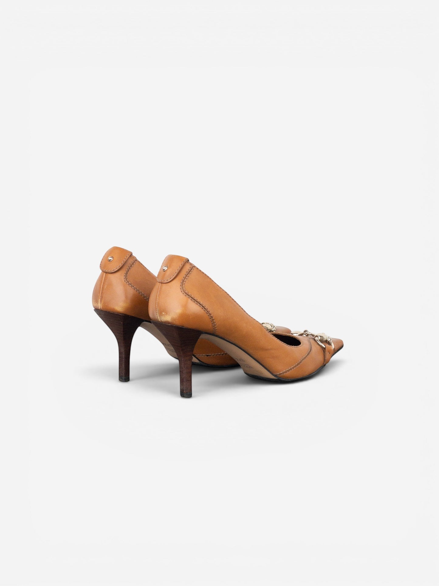 opening act. Gucci by Tom Ford AW03 Pumps aus hellbraunem Leder mit quadratischer Zehenpartie und silbernem Horsebit-Detail