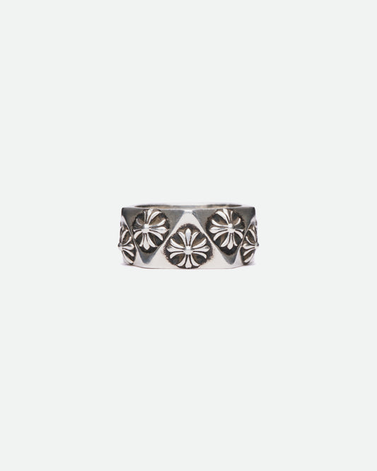 There is a Chrome Hearts Pentagon Plus Ring on white background pictured from the front. 